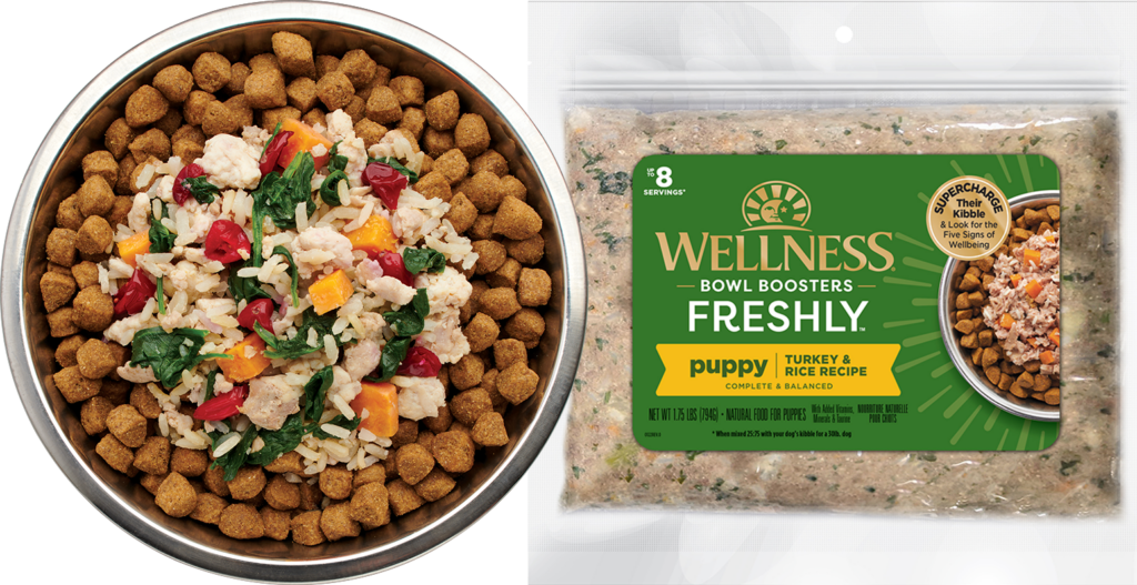 Wellness Bowl Boosters Freshly - Puppy Turkey &Rice Recipe food in bowl with packaging image